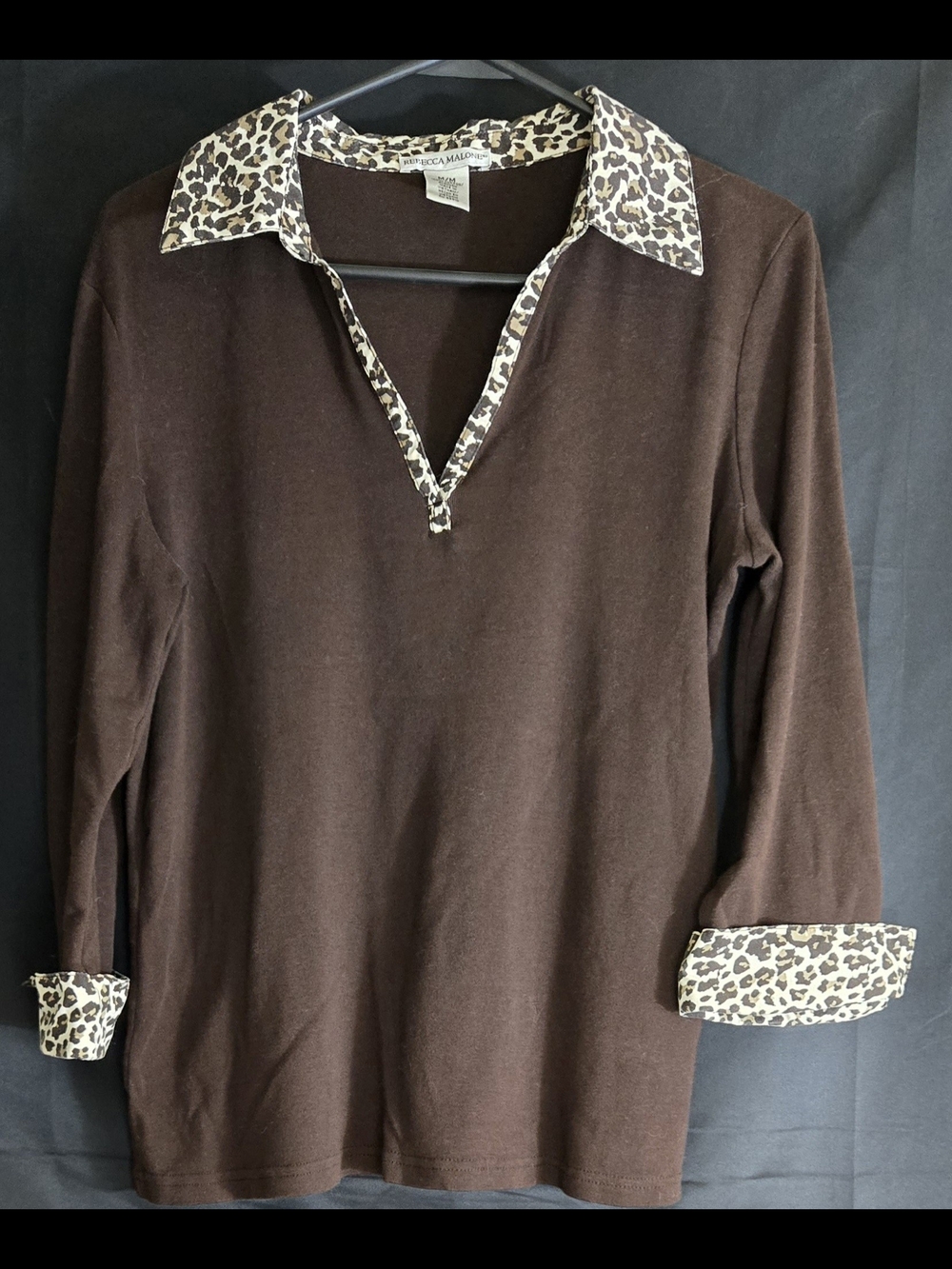 Rebecca Malone Dark Brown Knit Top with Leopard Trim #532